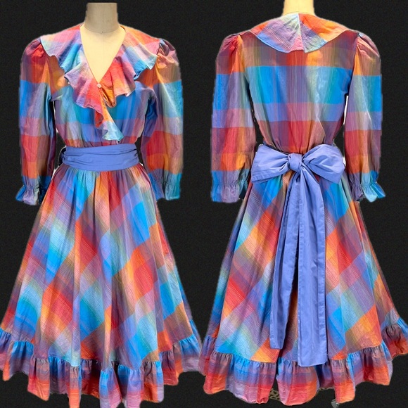 jcpenney Dresses & Skirts - VINTAGE 80s plaid prairie dress ruffle poet collar a-line long sleeve midi‎